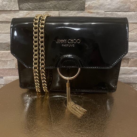 Jimmy Choo Parfums Black Crossbody Clutch | Patent, Chain Gold Tassel Limited - Picture 1 of 8